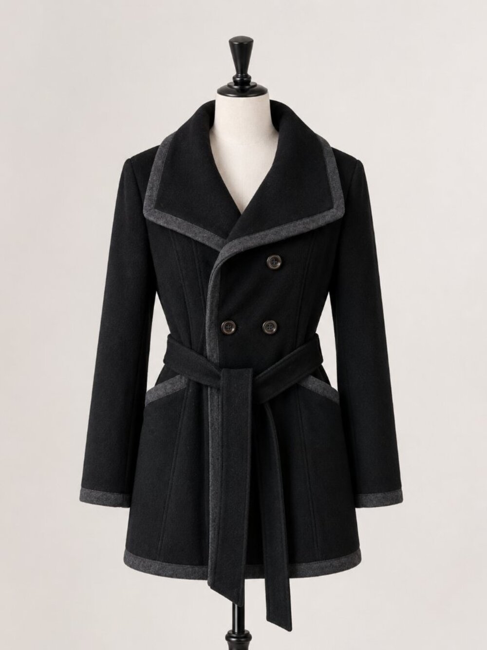 Kenneth Cole New York Black Wool Blend Belted Coat Gray Trim Size 12